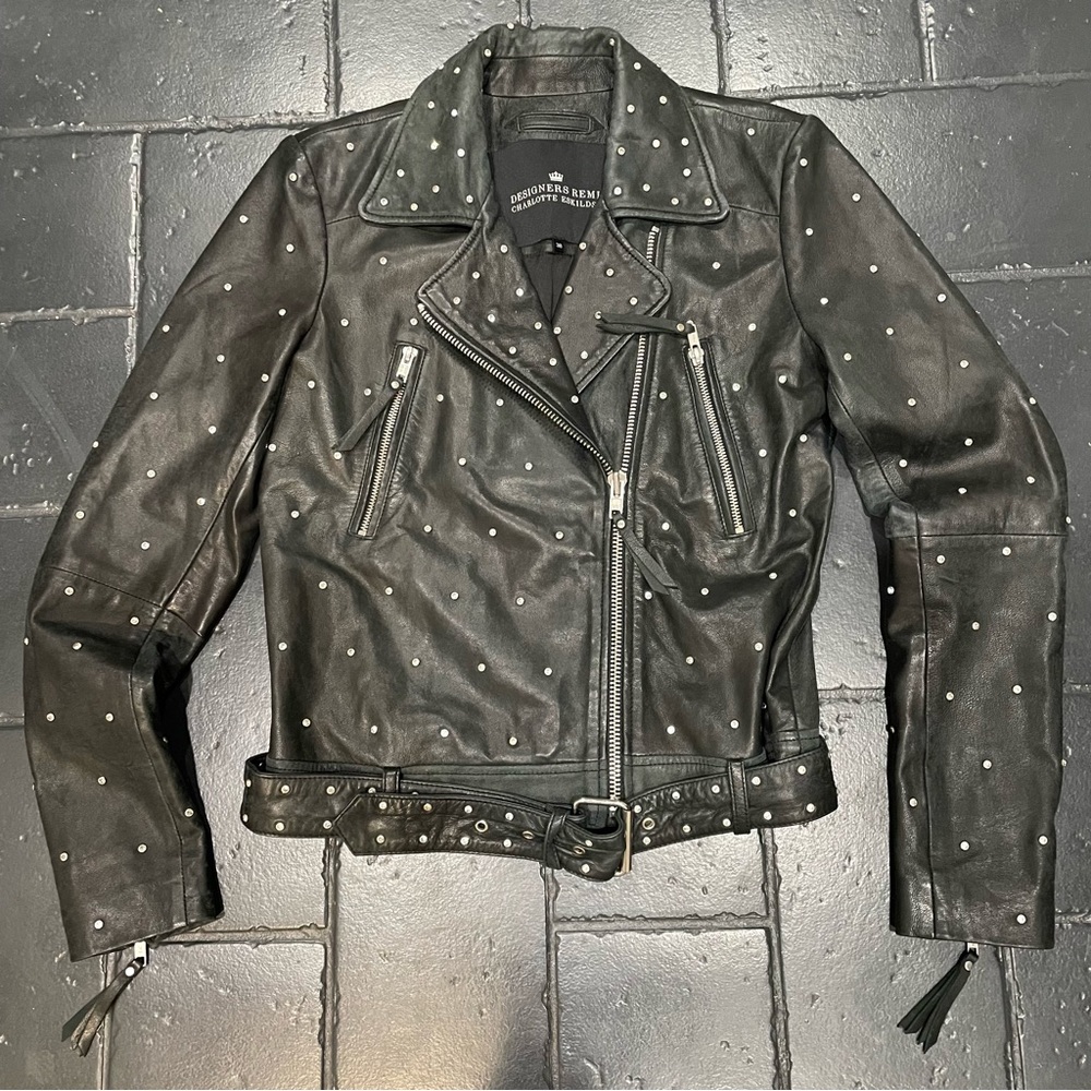 Designers Remix crystal embellished leather moto jacket